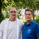 Surgeon Pierre-Alain Calvien (left) and the patient (right).